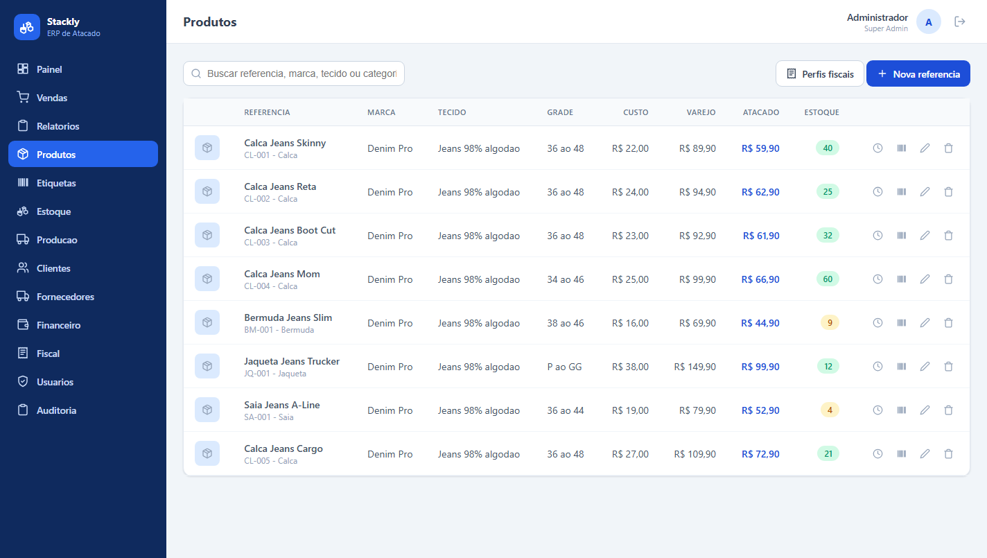 Tela de cadastro de produtos do Stackly com grade, custo e preco