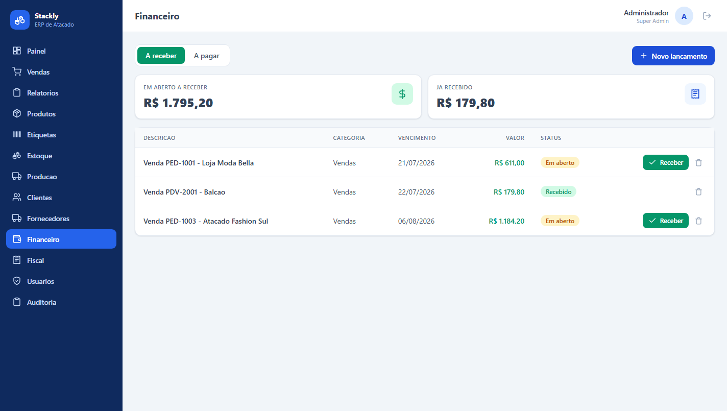 Tela financeira do Stackly com contas a pagar e receber