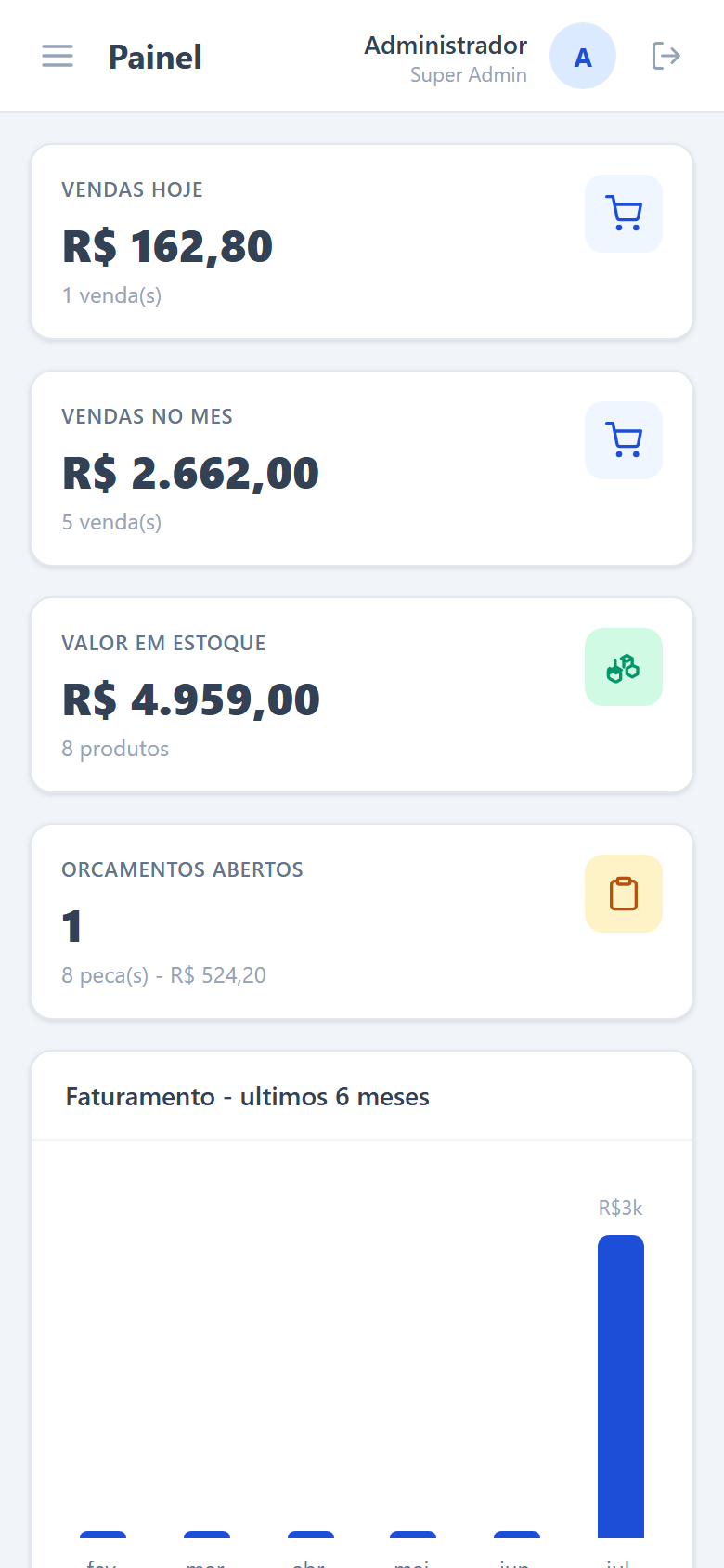 Painel do Stackly aberto no celular